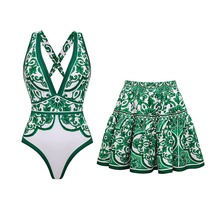 V Neck Classic Majolica Series Pattern Print One Piece Swimsuit and Pants or Skirt