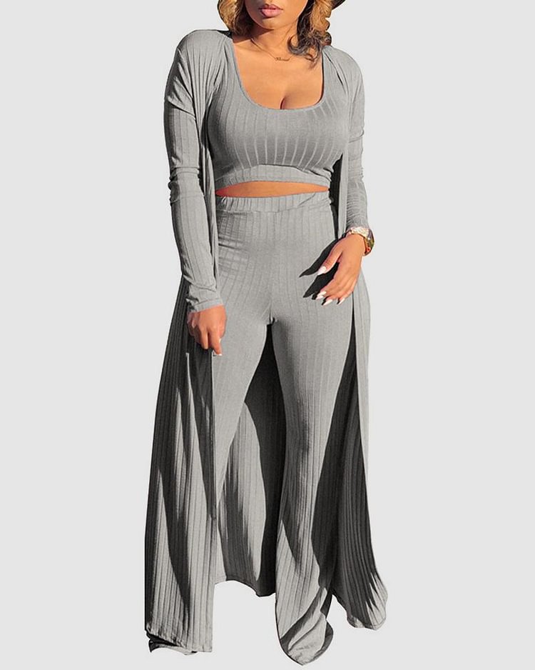 Solid Rib-Knit Crop Top & Pants Set With Coat - Shop Trendy Women's Clothing | LoverChic