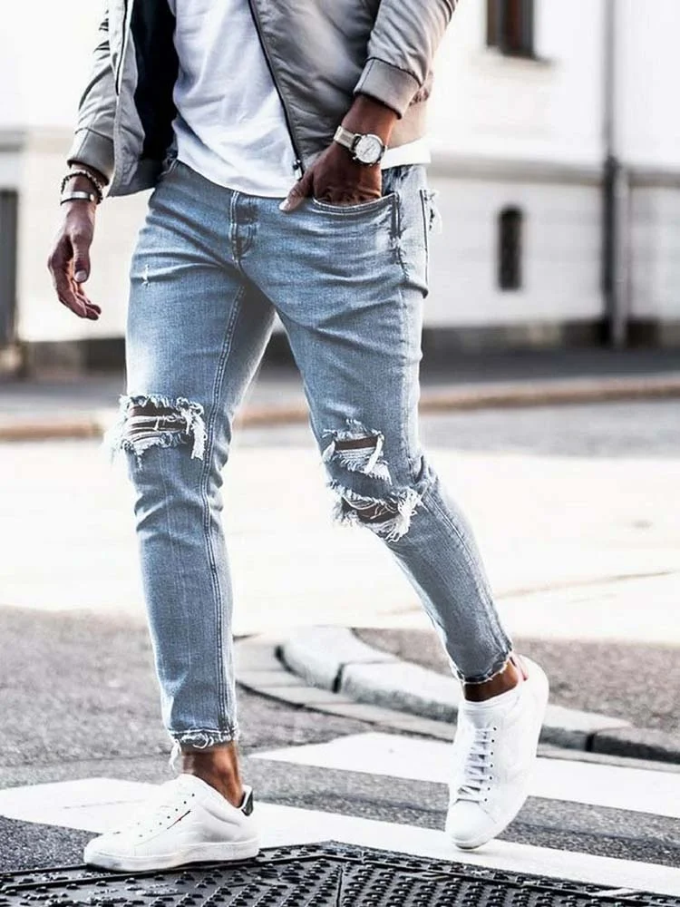 Men Jeans Streetwear Knee Ripped Skinny Hip Hop Destroyed Hole Stretch Casual Denim Trousers at Hiphopee