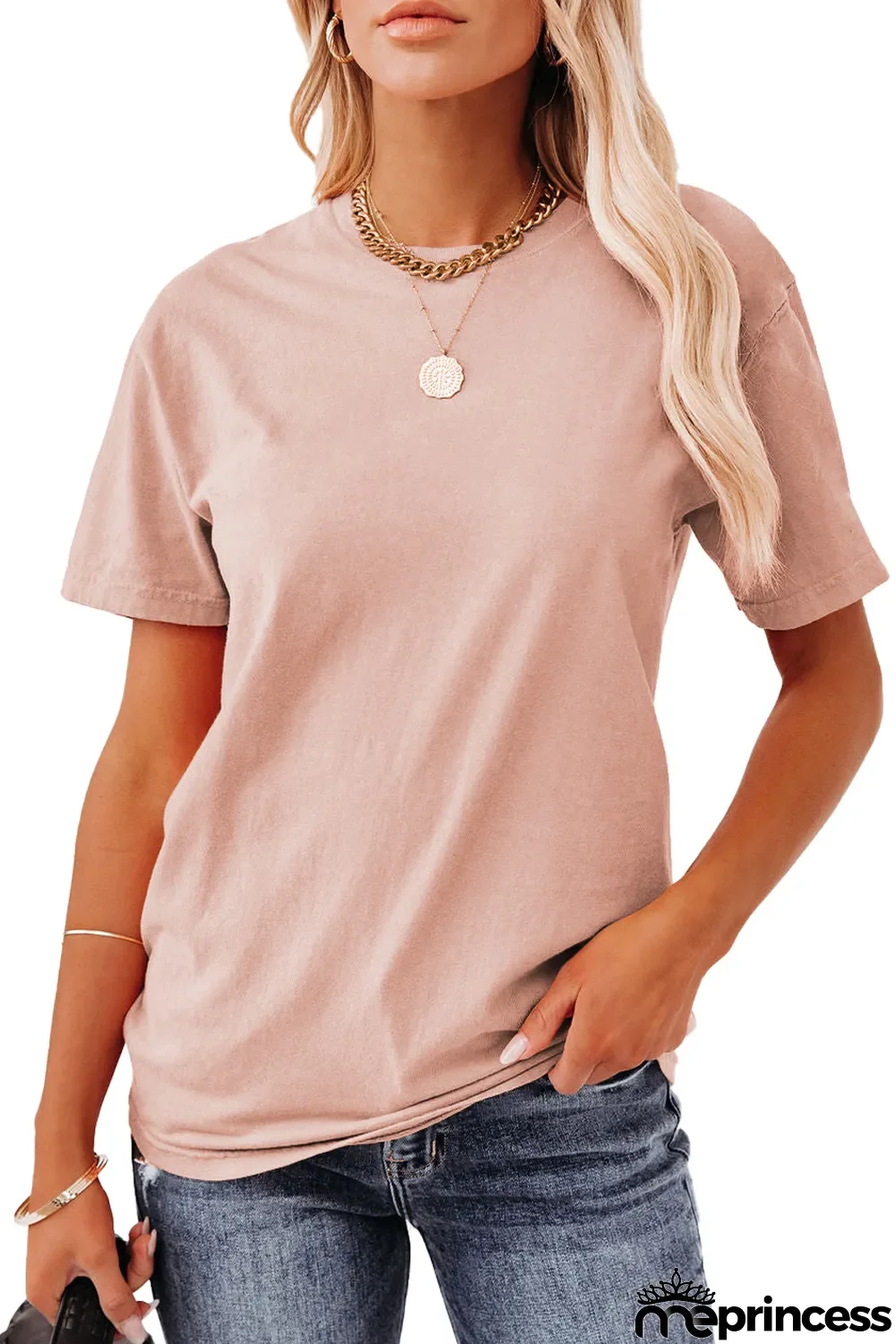 Pink Plain Crew Neck Short Sleeve Tee