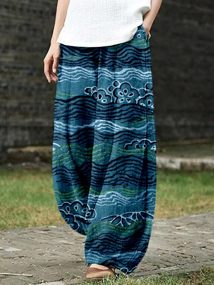 Vintage Japanese Waves Art Linen Blend Casual Pants