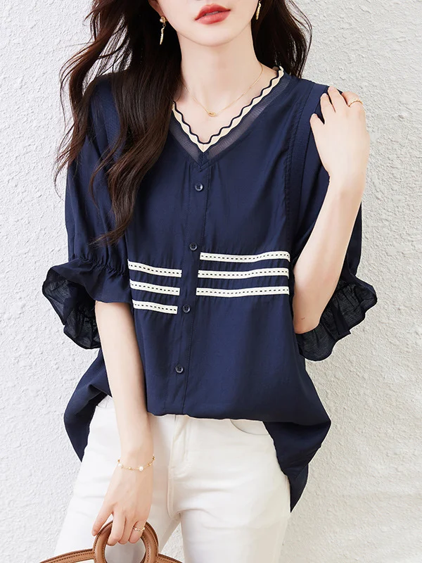 Asymmetric Buttoned Pleated Ruffled Striped Flared Sleeves Half Sleeves V-Neck Blouses&Shirts Tops