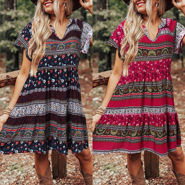 Women Short Sleeves Long Dress Summer Bohemian Floral Printed V Neck Party Casual Loose Pleated A Line Midi Dress Plus Size - Chicaggo