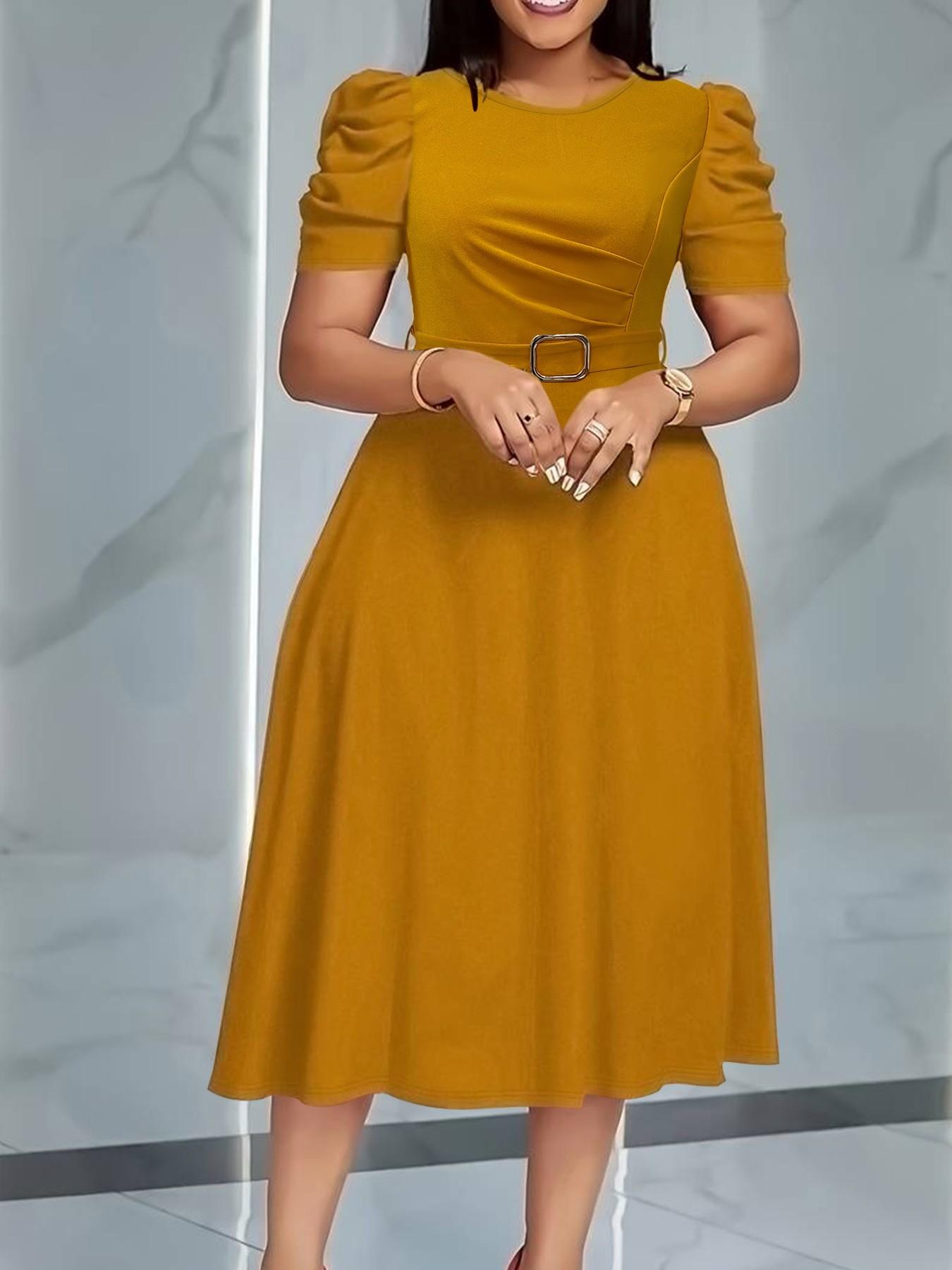 Summer Camel Bubble Sleeve Midi Dress, Slim-Fitting A-Line with Waist Belt, Elegant Chic Everyday Office Wear, Perfect for Church Weddings Summer Camel Bubble Sleeve Midi Dress, Slim-Fitting A-Line with Waist Belt, Elegant Chic Everyday Office Wear, Perfect for Church Weddings