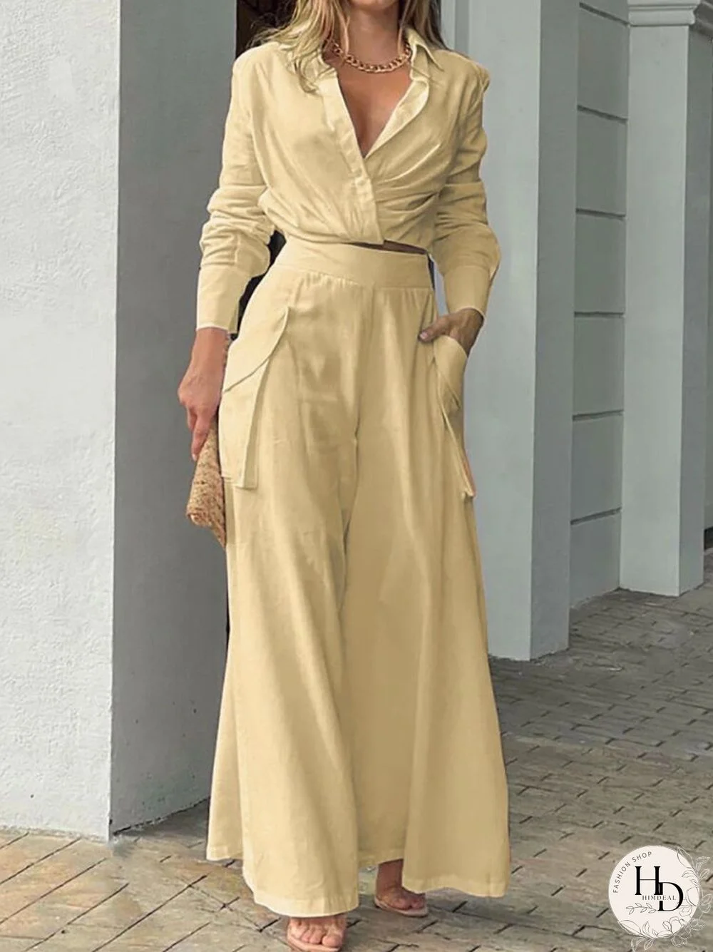 Women Long Sleeve Elegant Lapel Design Short Shirt + High Waist Pocket Wide Leg Pants Suit Fashion Commuter Ladies Two Piece Set