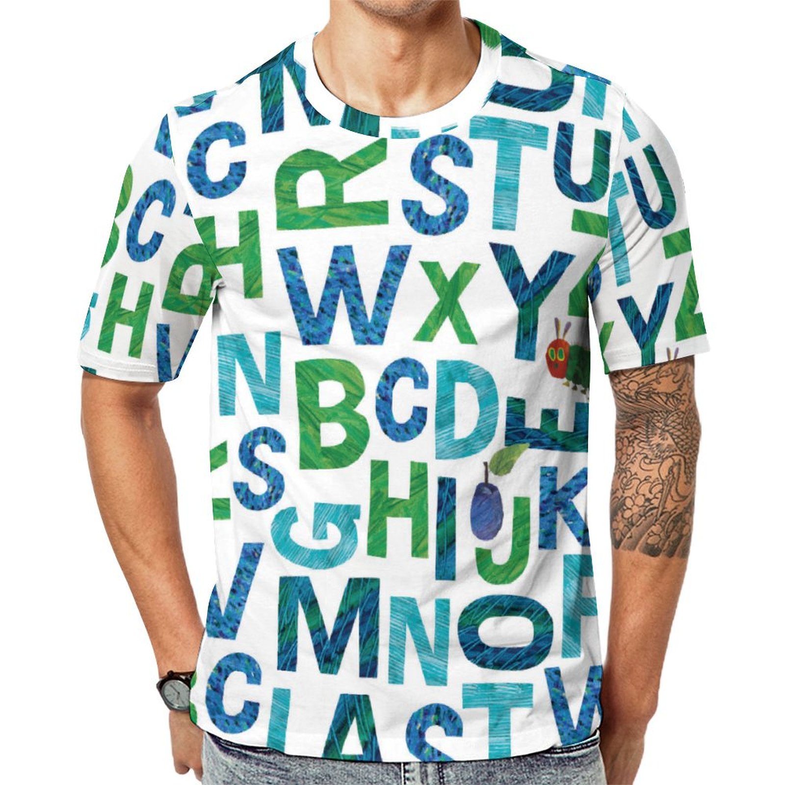 Eric Carle Blue Green Alphabet Short Sleeve Print Unisex Tshirt Summer Casual Tees for Men and Women Coolcoshirts