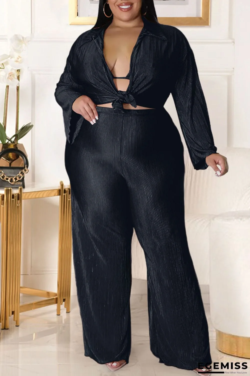 Black Sexy Solid Patchwork Turndown Collar Plus Size Three Pieces | EGEMISS