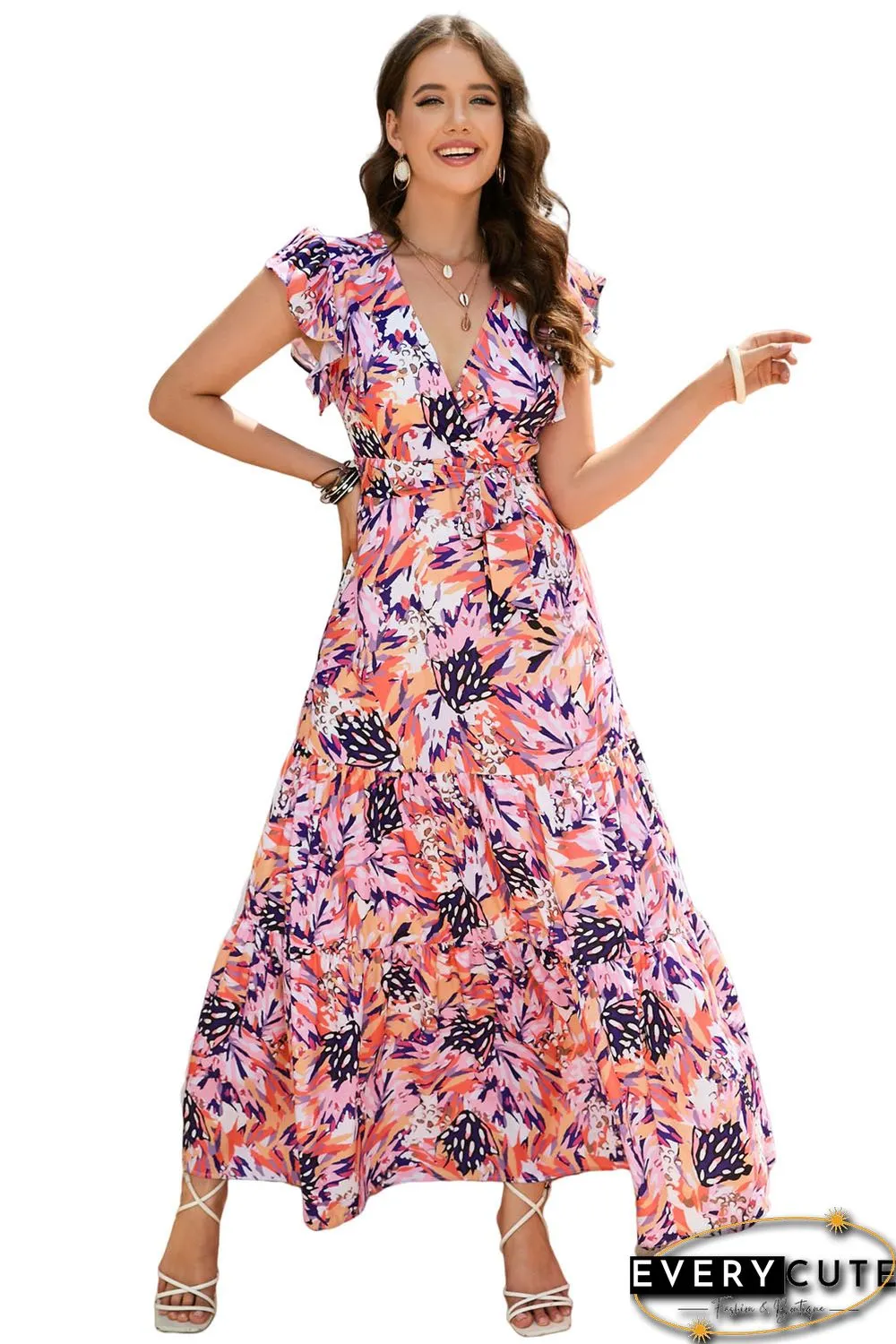Multicolor Sleeveless Ruffled Lace-up High Waist Floral Maxi Dress