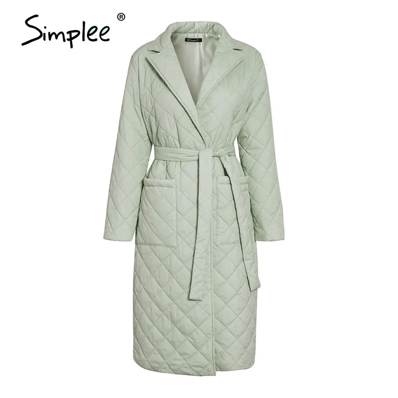 Simplee Long straight winter coat with rhombus pattern Casual sashes women parkas Deep pockets tailored collar stylish outerwear