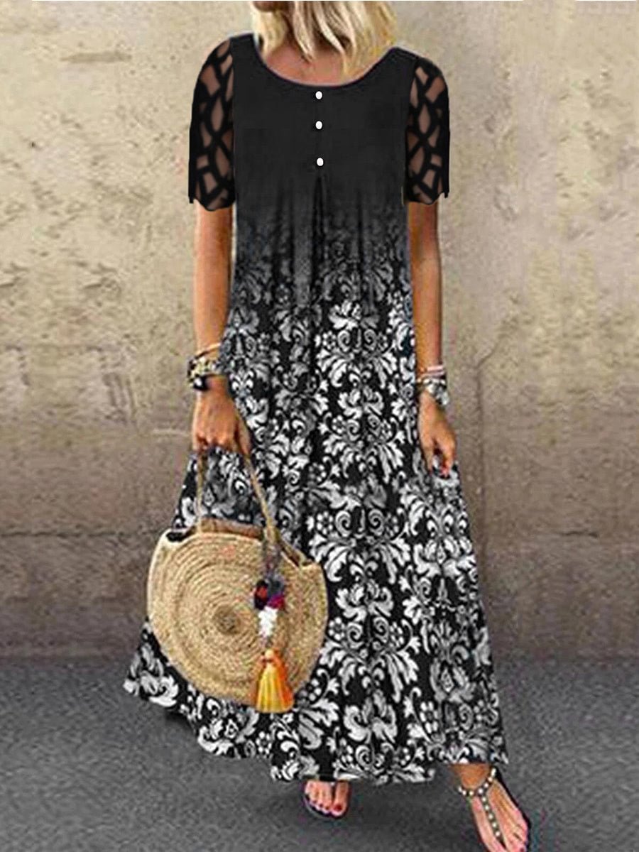 Women Short Sleeve Scoop Neck Floral Printed Maxi Dress