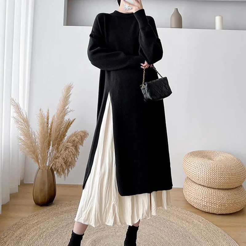 Winter temperament design sense slit knitted sweater dress