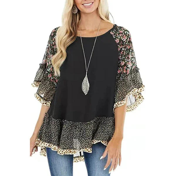 Women's Floral Printed Half Sleeves Batwing Sleeves Tops