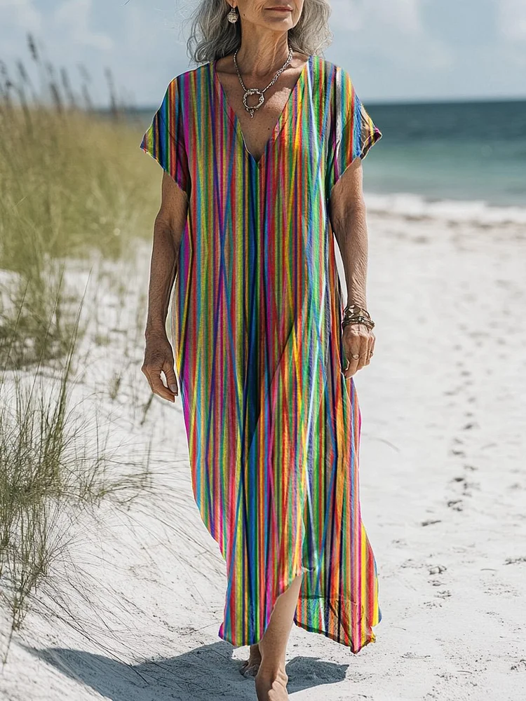 Rainbow Stripe Pattern Printed Women's Pocket Cotton Dress