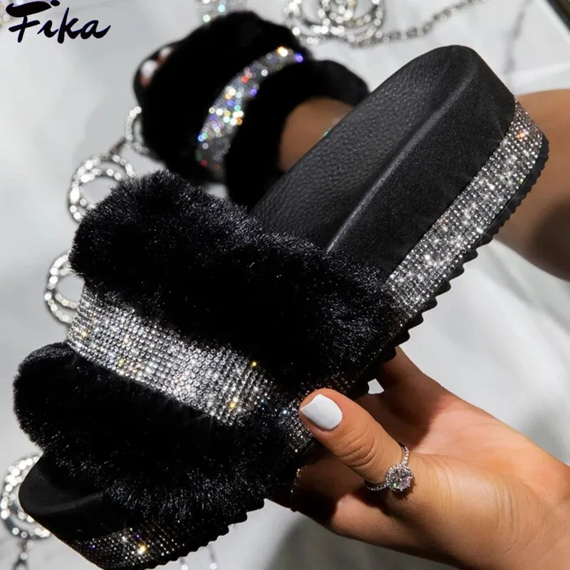 Luxury Designer Women Fur Rhinestone Slippers Platform Wedges Heel Solid Fluffy Furry Slides Outside Sexy Shoes Ladies Sandals