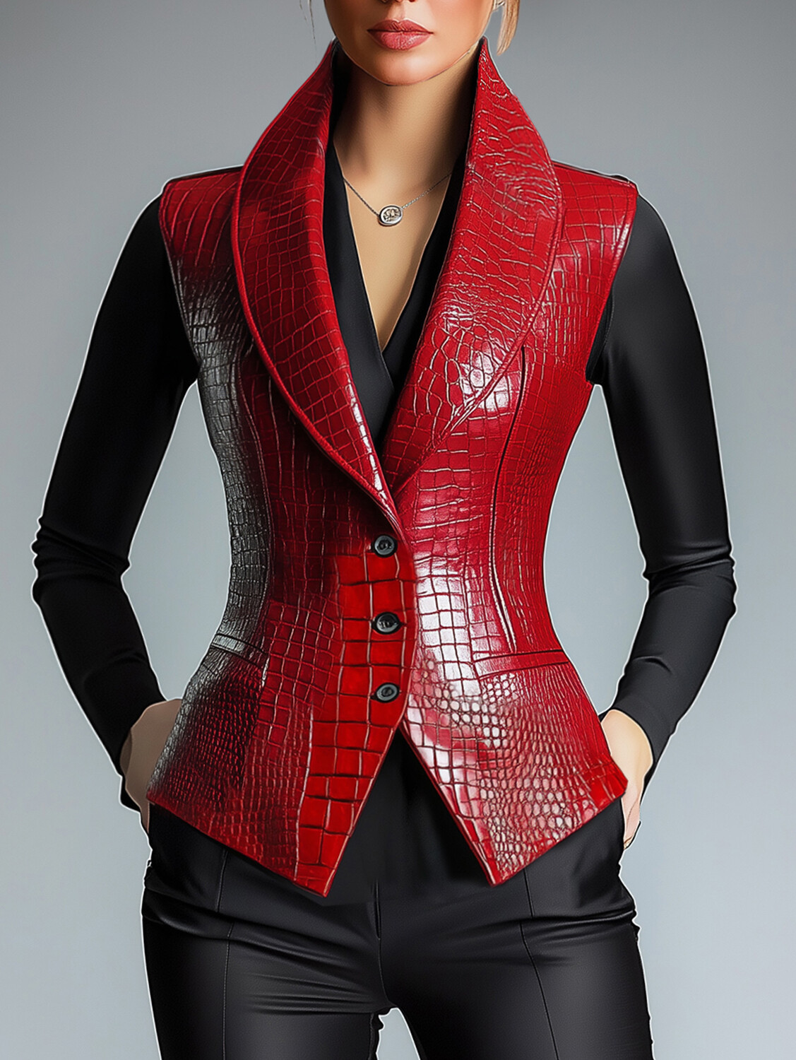 Ursime PU Leather Crocodile Pattern Shawl Lapel Three Button Vest