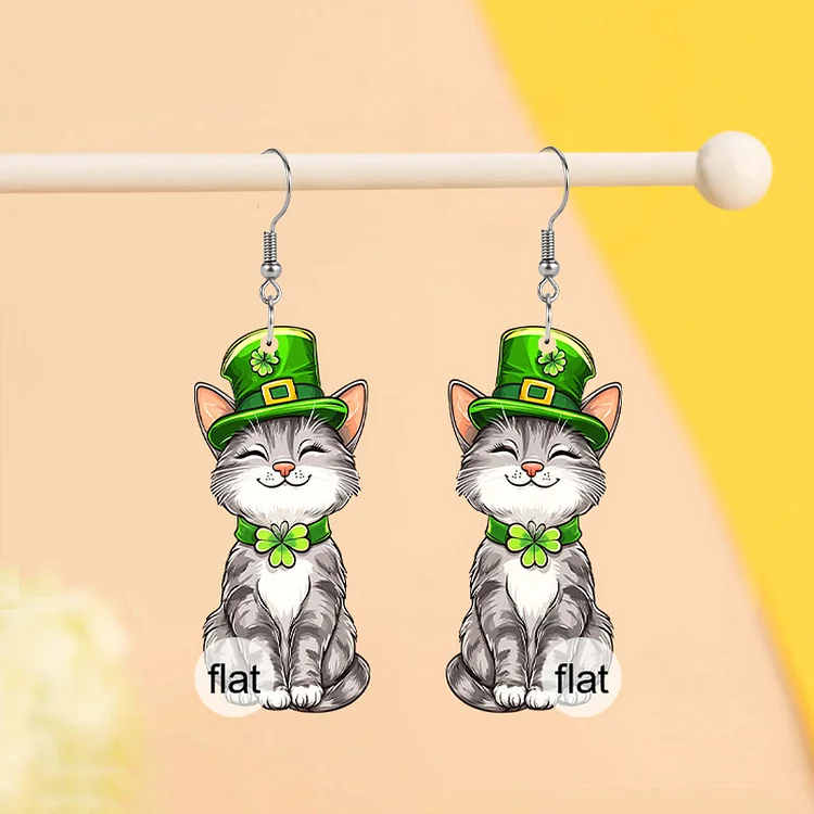 St. Patrick's Day Clover Cat Earrings with Shamrock Hat