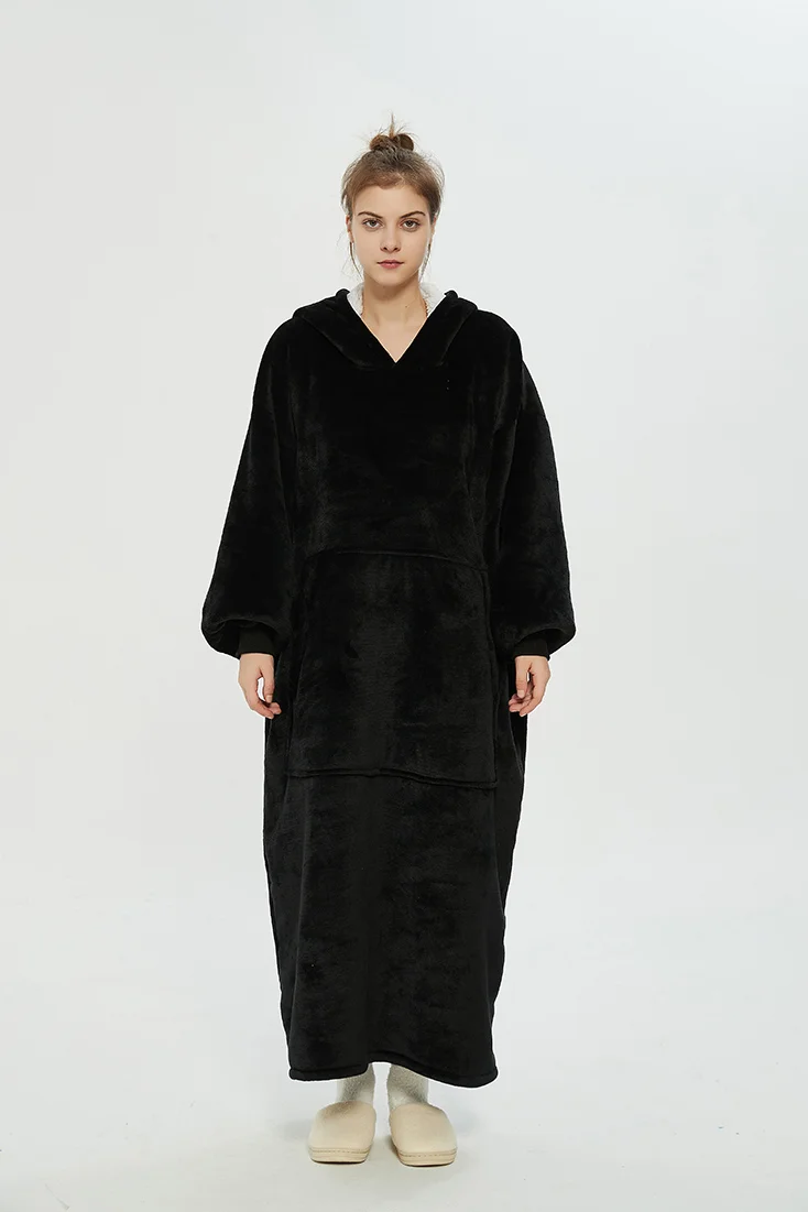 Long Winter Plush Fleece Wearable Blanket Hoodie Black  Stunahome.com