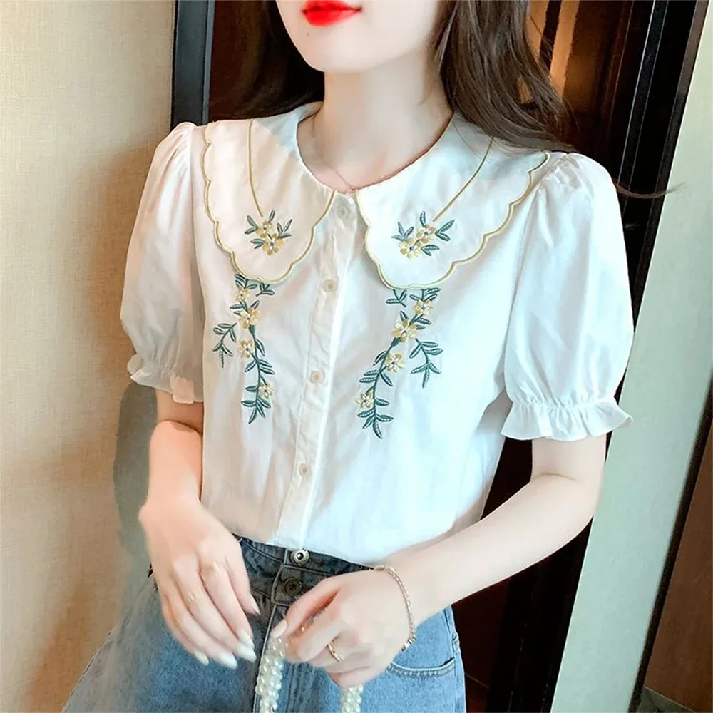 Ballifyex 2025 Korean New Casual Tops Loose Office Lady Blouse Sweet Peter Pan Collar Ruffle Embroidery Cotton Shirt Women Summer Clothes