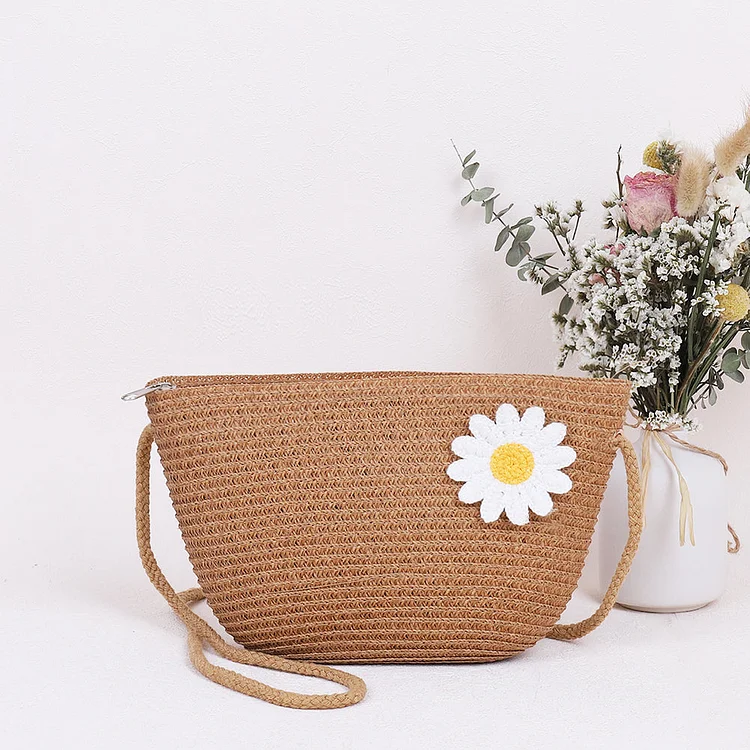 Women Fashion Straw Weave Flower Zipper Shoulder Crossbody Bag Beach Purse