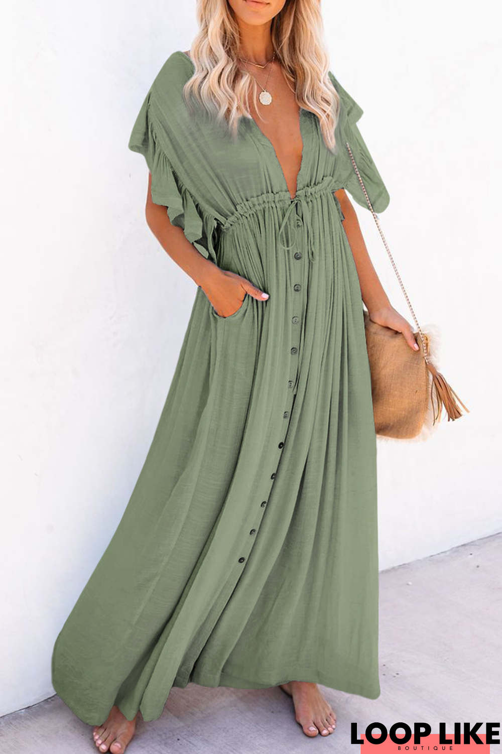 Elegant Solid Frenulum Buckle V Neck A Line Maxi Dresses(7 Colors)