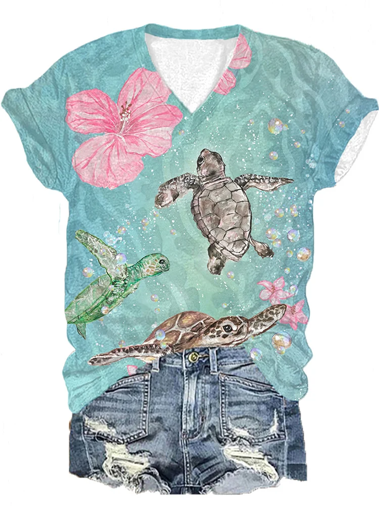 Sea Turtle Floral Print T-Shirt