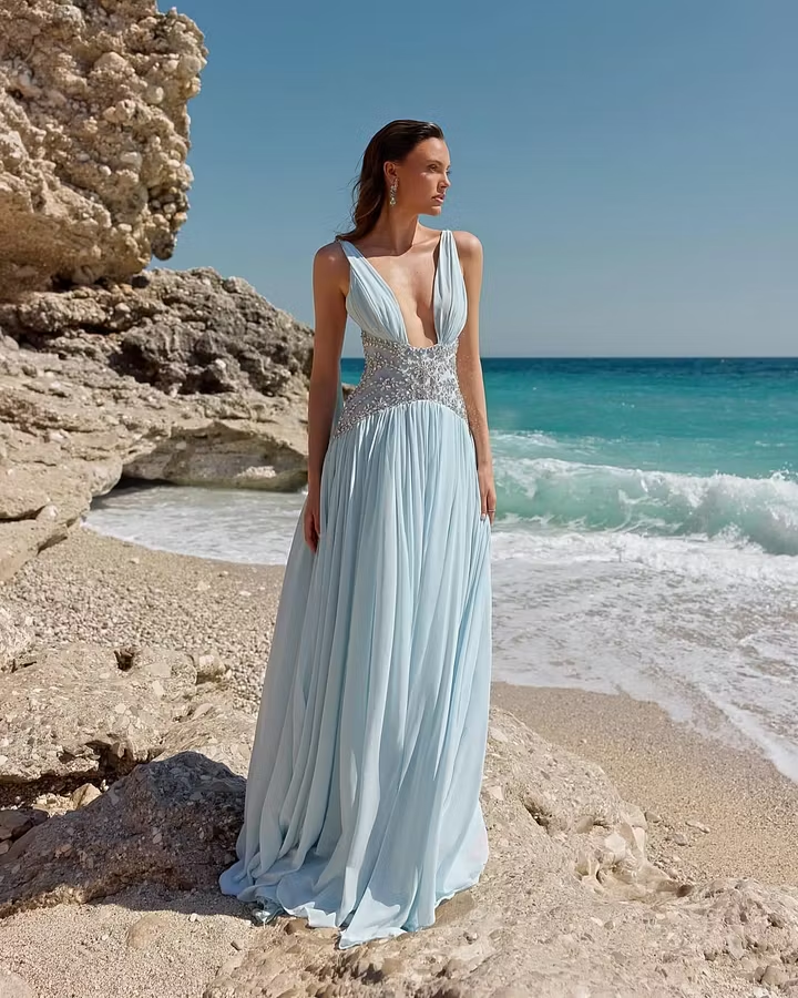 Lussooy Soft Sky Blue V-Neck Sleeveless Rhinestone Chiffon Evening Dress