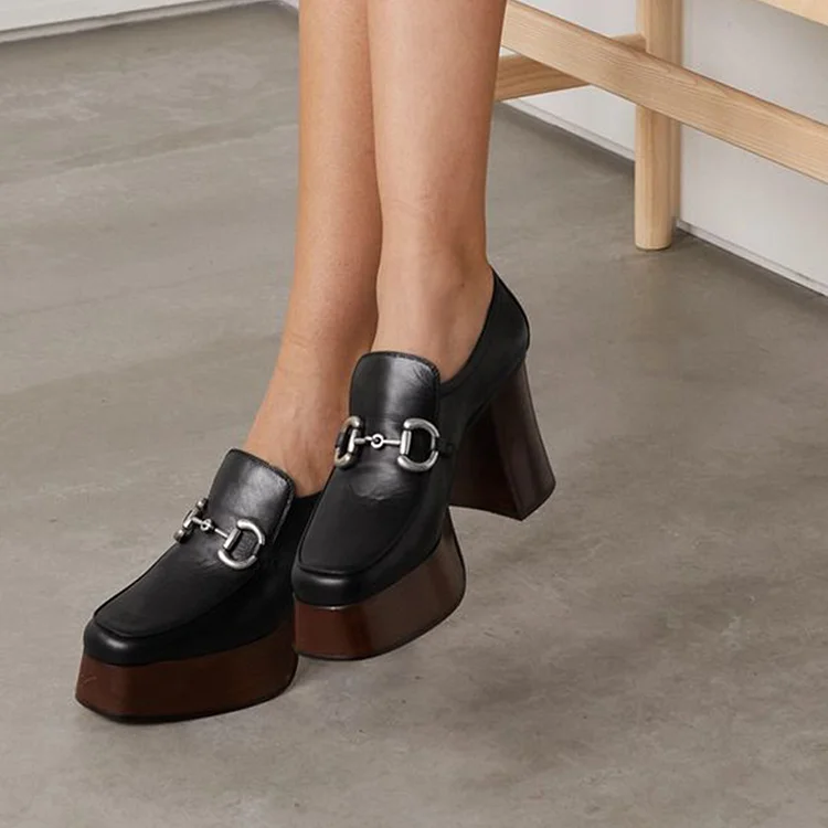Classic Black Square Toe Horsebit Platform Loafer Heels for Women |FSJ Shoes