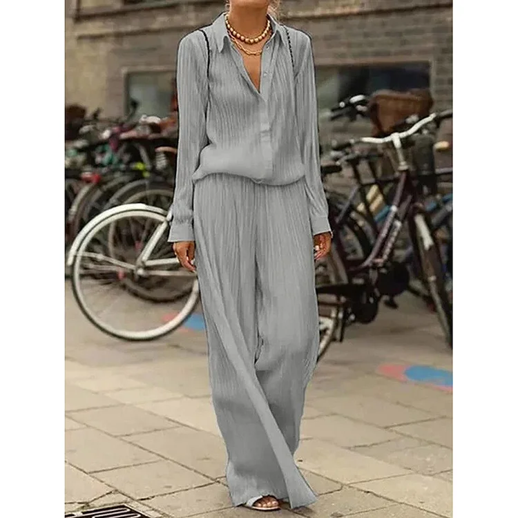 Commuter solid color long-sleeved shirt loose set