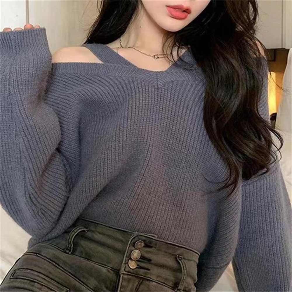 Iplaynox New Korean Style Women's Pullover Loose Design for Autumn Winter Tops Hanging Neck and Off Shoulder Knitted Ladies Sweater Tops