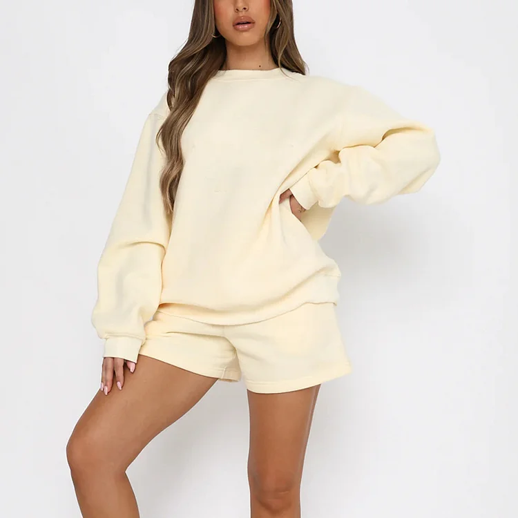 PASUXI Trendy Solid Color Long-Sleeved Shorts Sweatshirt Suit Two - Piece Set for a Fashion Casual Look huanwei
