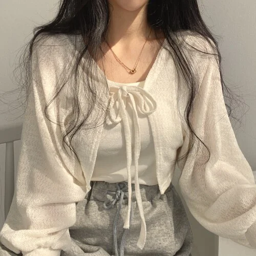 Wongn Summer Thin Cardgan Coat Women Casual Bandage Cropped Cardigan Jackets Sun Protection Korean Fashion Lantern Sleeve Tops