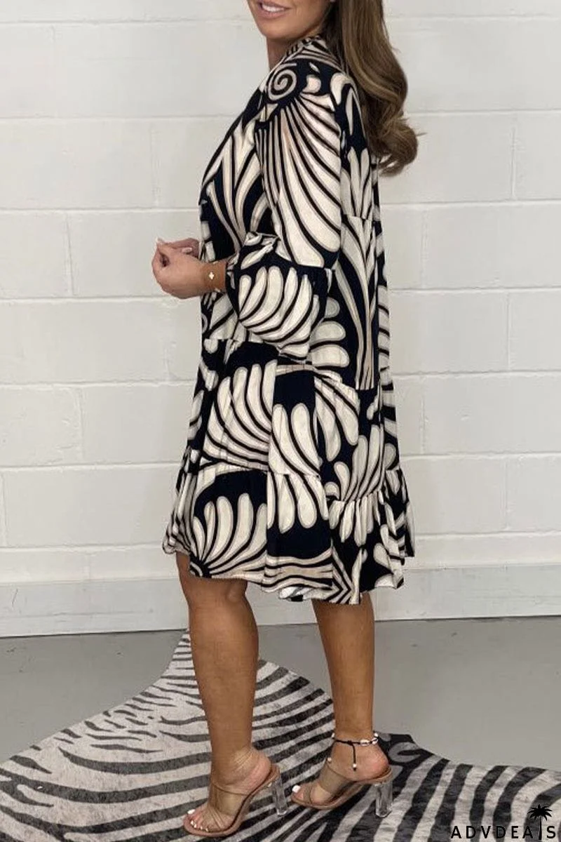 Casual Striped Print Patchwork V Neck A Line Dresses
