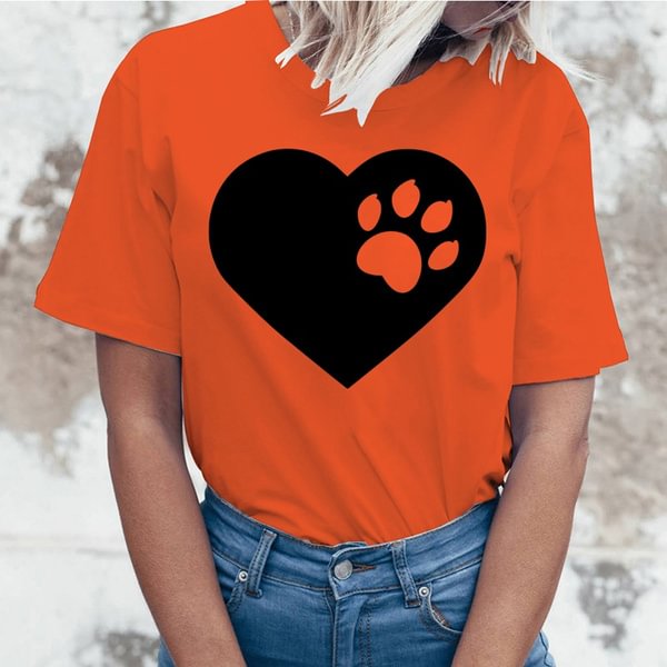 Women's Fashion Printed Cat Paw And Heart Print T-shirts Summer Casual Loose Round Neck Creative Personalized T-shirts - Shop Trendy Women's Fashion | TeeYours