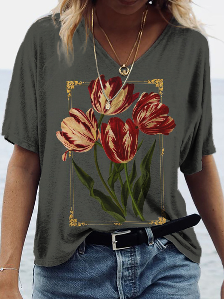 Vintage Tulip Botanical Art V Neck T Shirt wearshes
