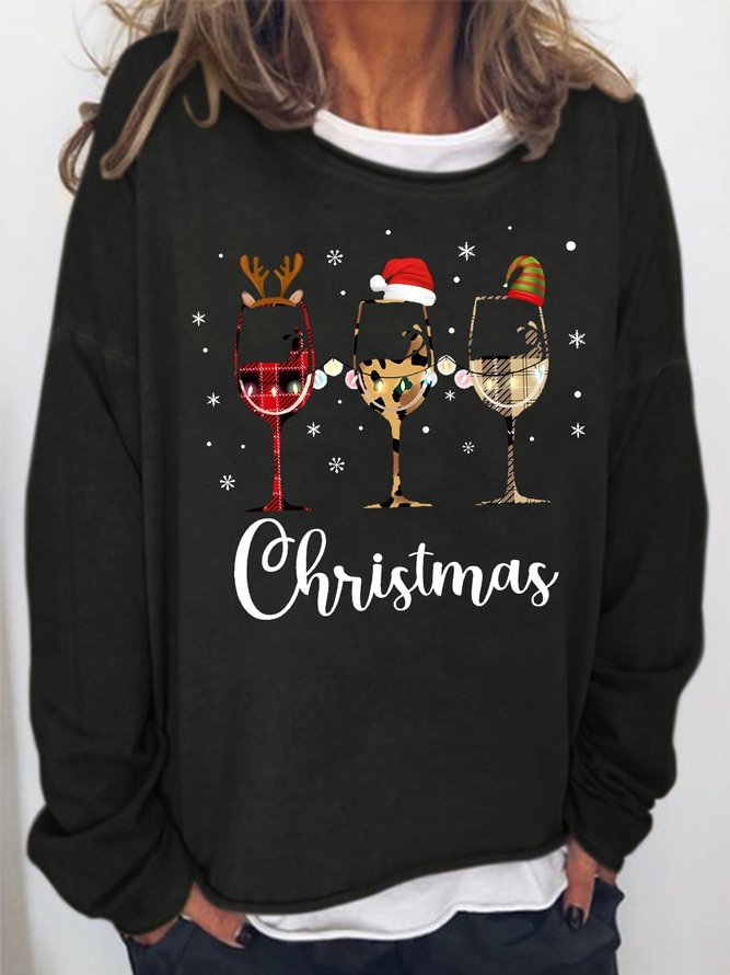Women's Merry Christmas Three red wine Graphic Print Casual Sweatshirts