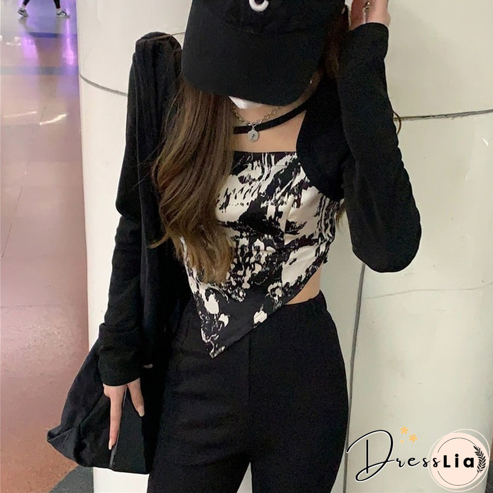 T-Shirts Women Slim Trendy Chic Summer Long Sleeve Ulzzang High Street Lady Fake Two Piece Mujer Camisetas Ins Inside Crops Tops