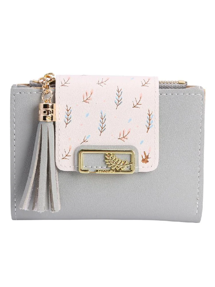 Tassels Women Short Wallet PU Leather Clutch Card Bag Female Purse (Grey)
