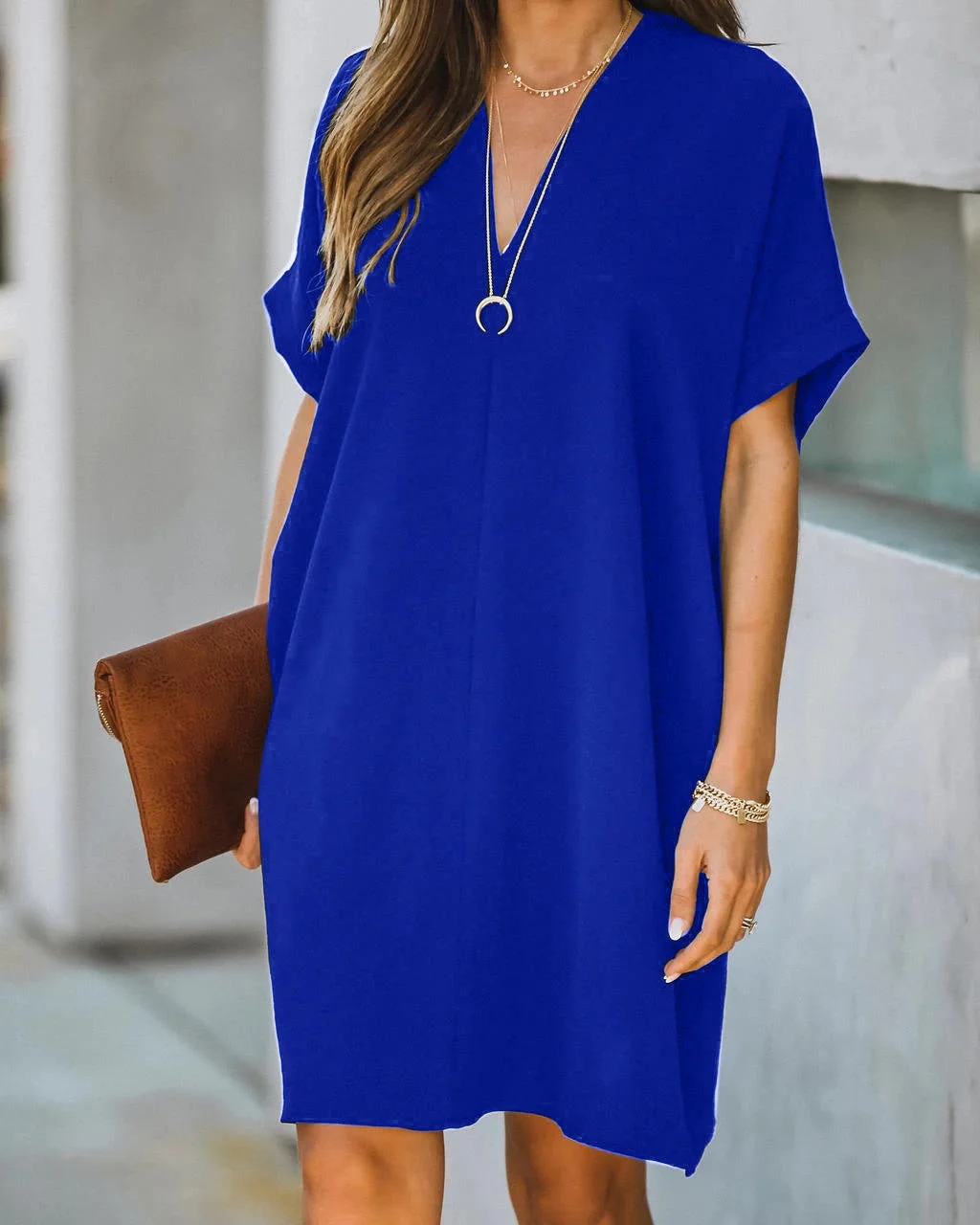 Uveng V-neck Short-sleeved Solid Color Loose Dresses
