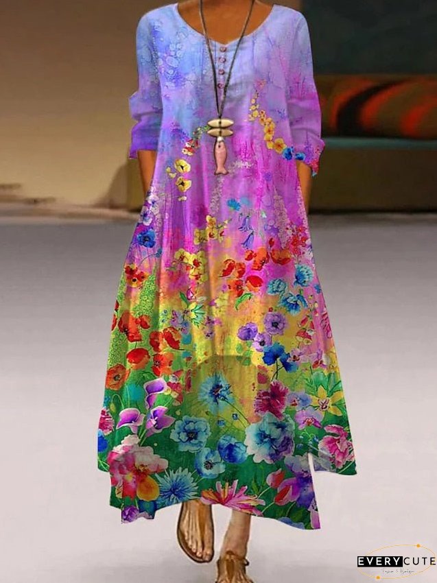 Casual Dress Shift Line Long Maxi Yellow Light Green Pink Sleeve Leaf Print Spring Fall