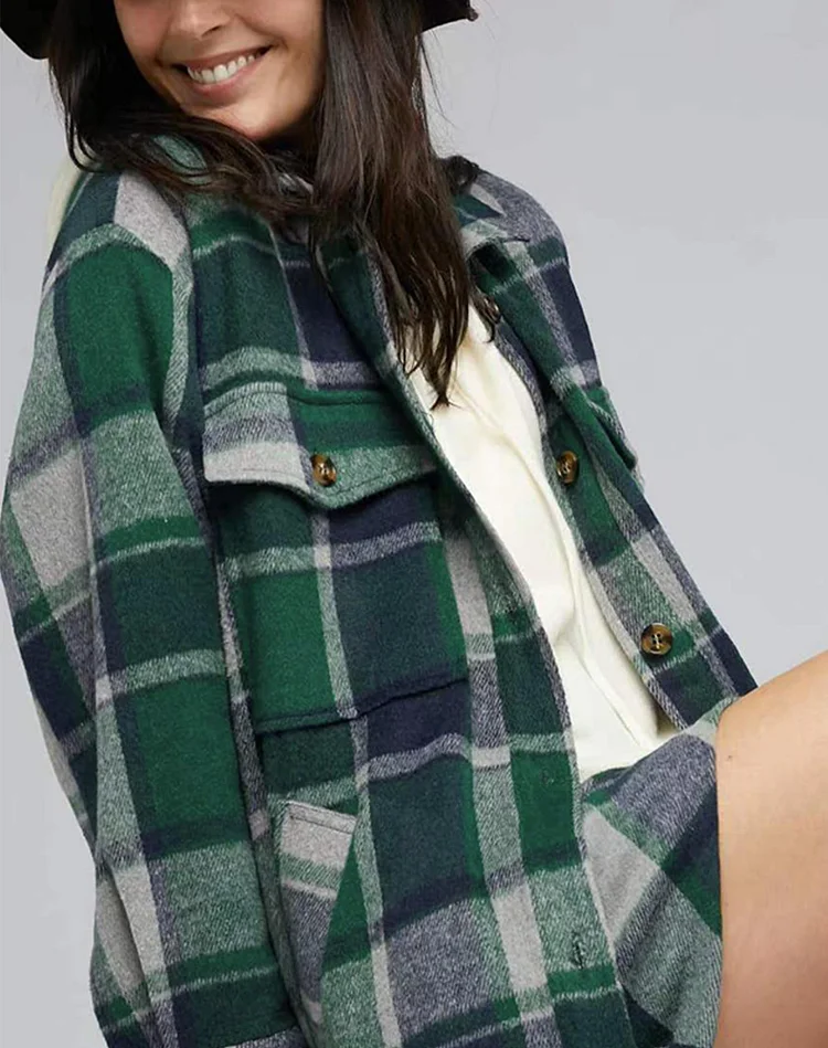 Women's Plaid Shirt Jacket Coat Lapel Long Sleeve Flannel Plaid Shacket