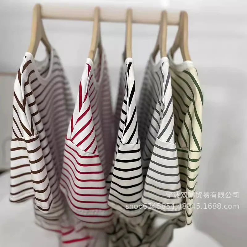 Athvotar Athvotar And Summer Fashion Loose Cotton Striped T-Shirt Women Casual Round Neck Long Sleeve Open Top Hot Sale