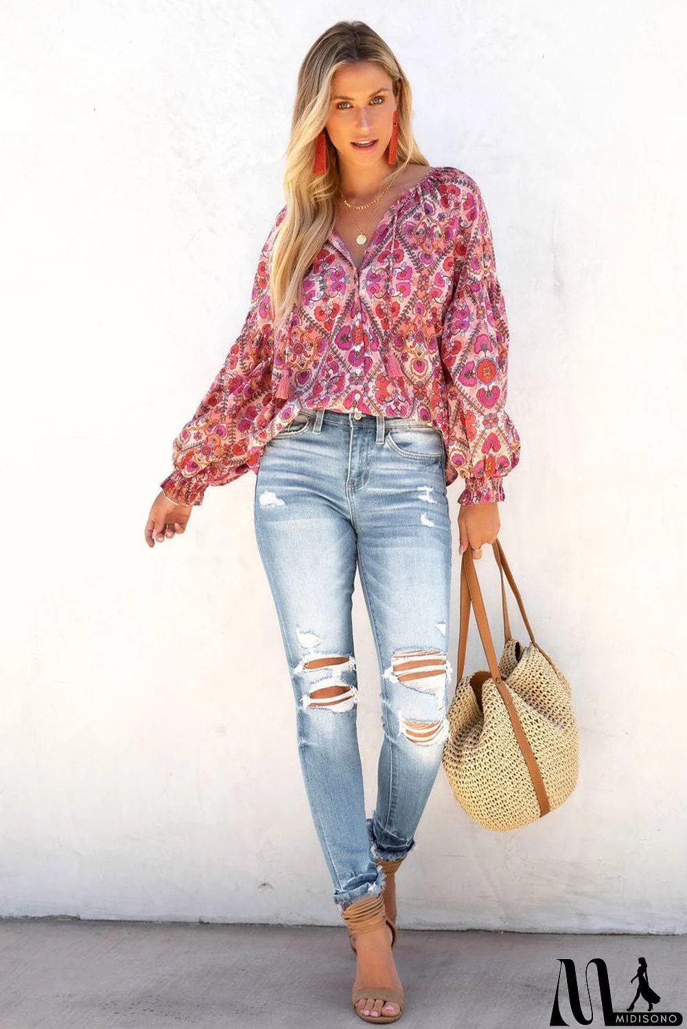 MidiSono - Rose Split Neckline Front Buttons Floral Print Blouse