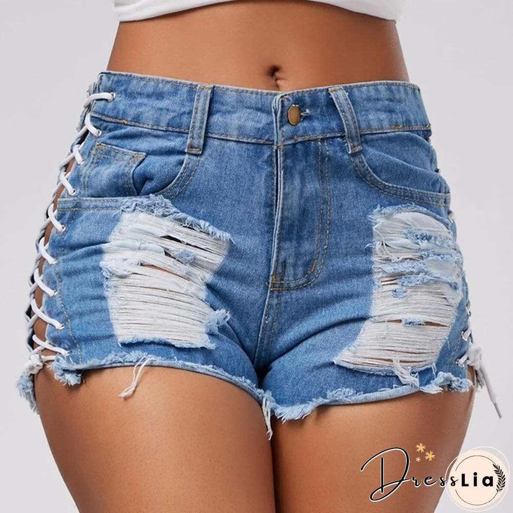 Sexy Summer Women Denim Shorts Blue High Waist Ripped Short Jeans Femme Tassel Lace Up Bandage Shorts