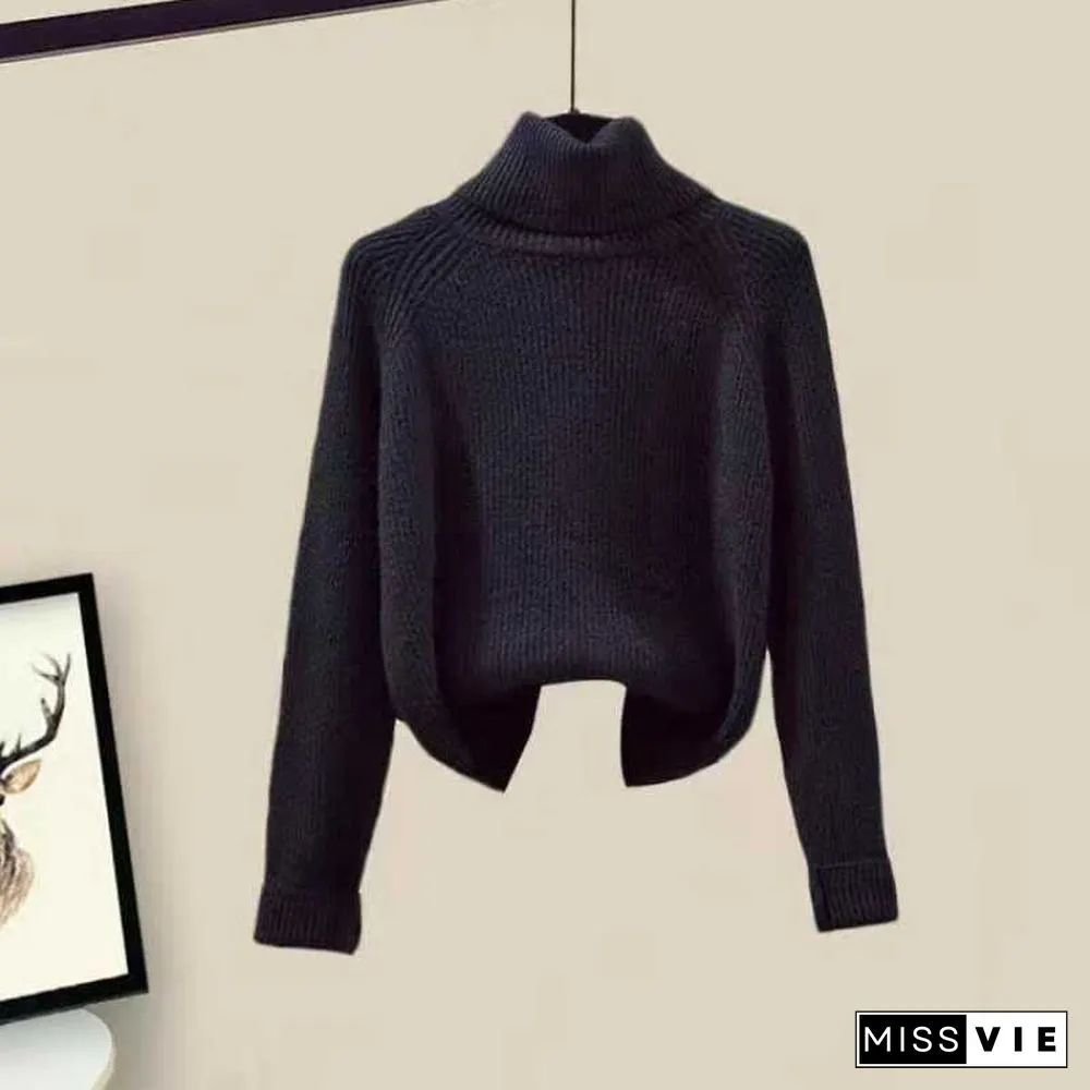 Fleece Hooded Coat Turtleneck Sweater Casual Pants Three Pieces