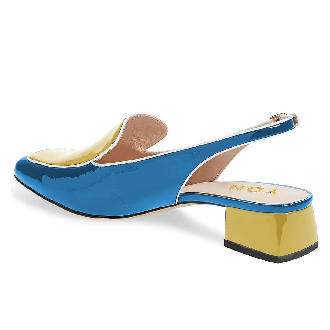 Blue & Yellow Patent Leather Buckle Slingback Women's Loafers