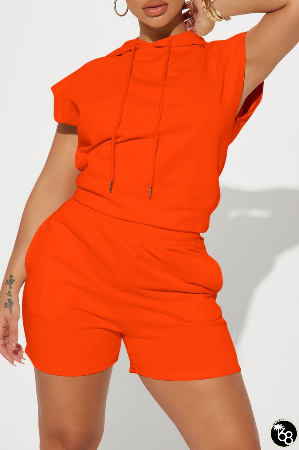 Orange Casual Solid Basic Hooded Collar Sleeveless Two Pieces | 168DEAL