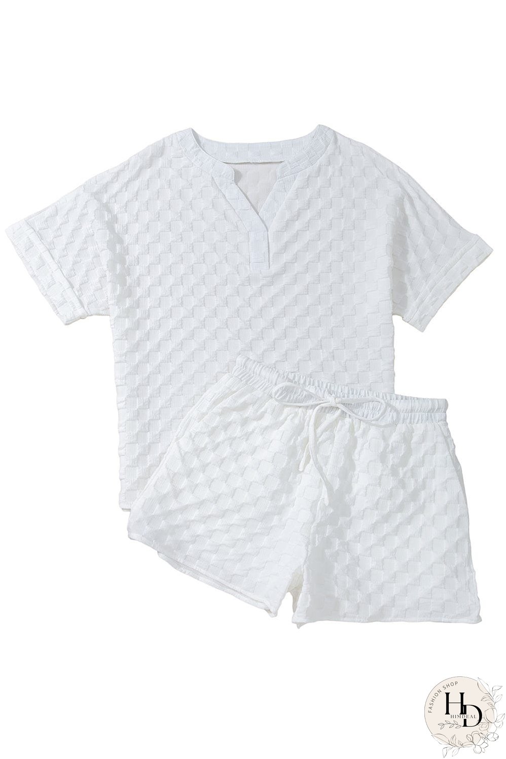 Chic White Textured V-Neck Top and Drawstring Shorts Ensemble