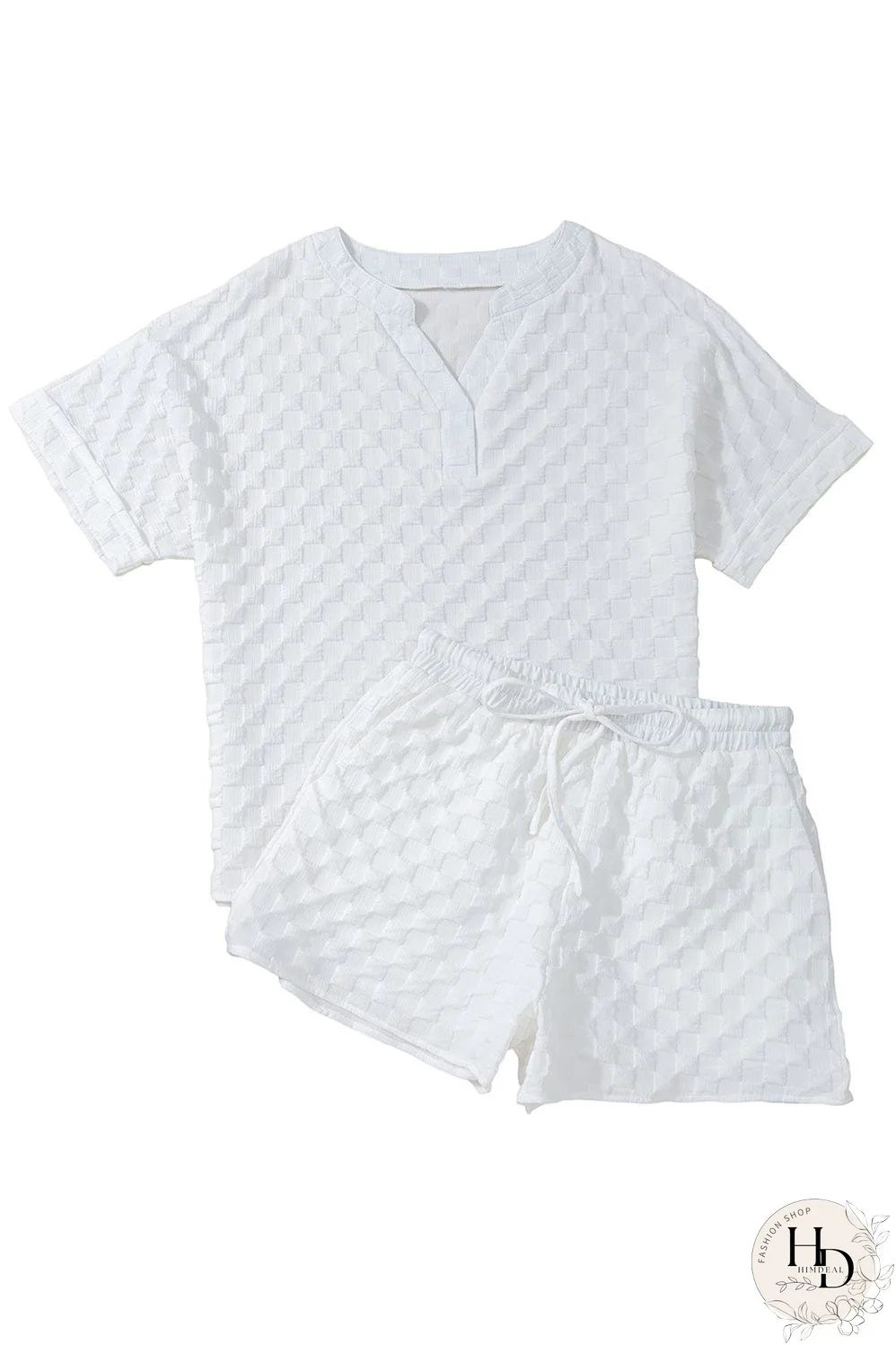 Chic White Textured V-Neck Top and Drawstring Shorts Ensemble