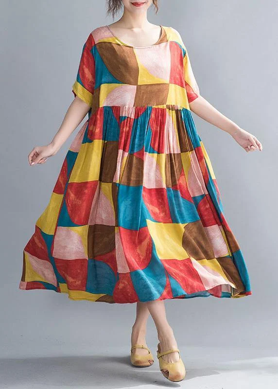 Classy multicolor plaid cotton clothes Women o neck Cinched Kaftan summer Dress