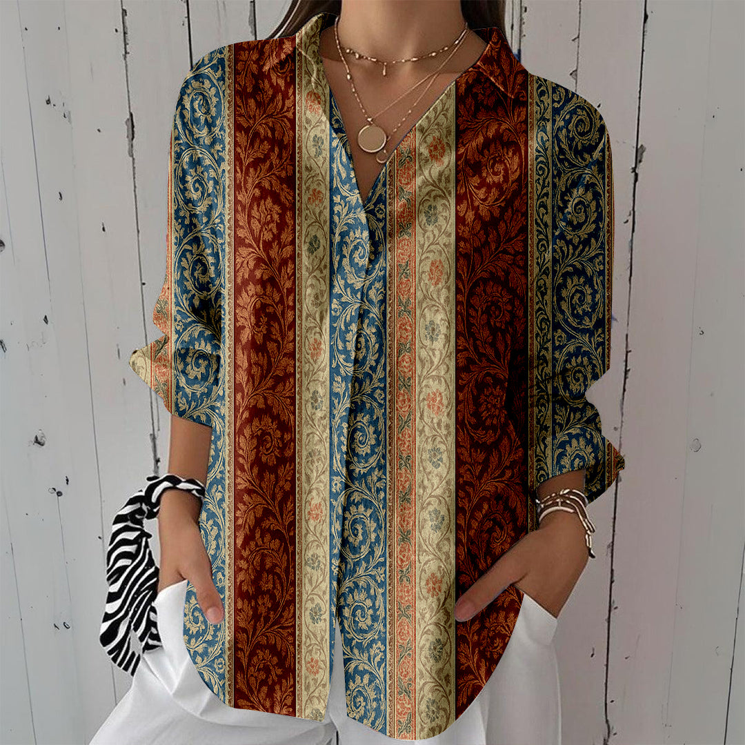 Women Long Sleeve V-neck Graphic Floral Printed Top